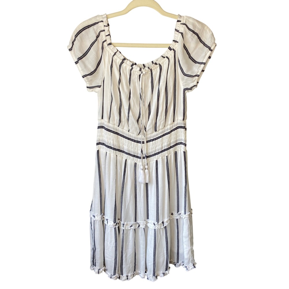 American Eagle Women White Navy Striped Smocked Tassel Mini Dress Medium
